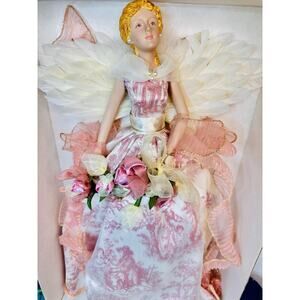 Vintage Pink Angel Tree Topper Porcelain Face And Hands With Feather Wings